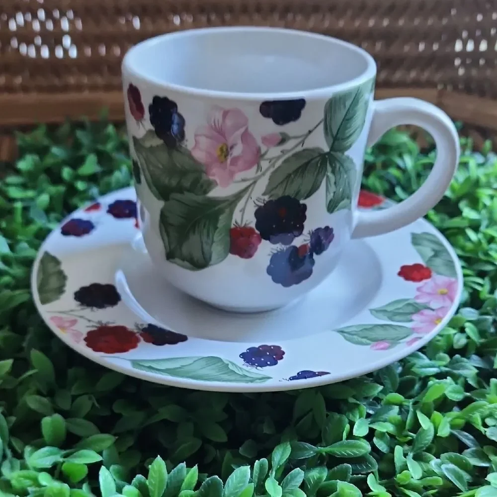Vintage Stoneware Berries Teacup & Saucer Cottage Core Farmhouse Chic